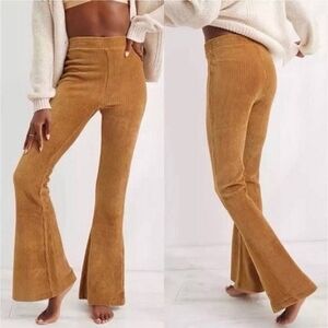 Aerie High Rise Ribbed Corduroy Flare Groove Pants Brown Yellow Large NWOT